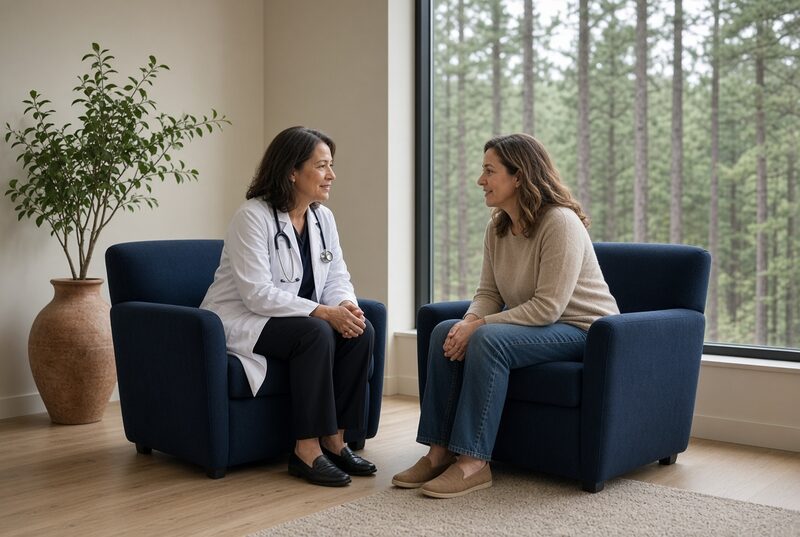 Physician and patient talking in navy armchairs beside a window of pine trees