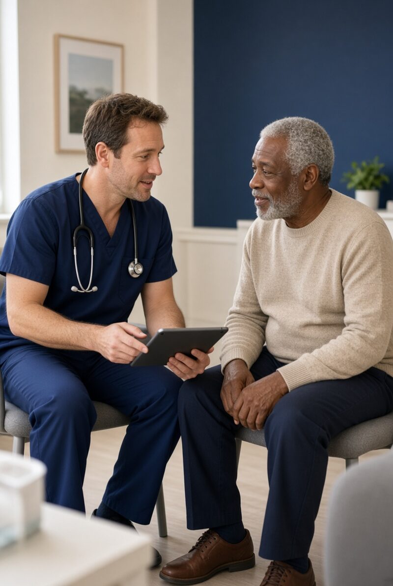 Clinician and older patient reviewing care on a tablet