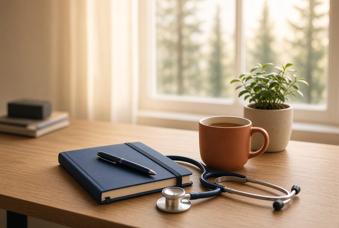 Navy notebook, stethoscope, and terracotta mug on a sunlit desk