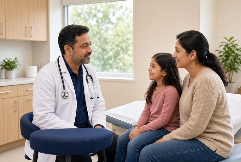 Physician talking with a mother and daughter in a bright exam room