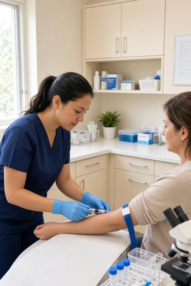 Medical assistant drawing blood in a clean on-site lab