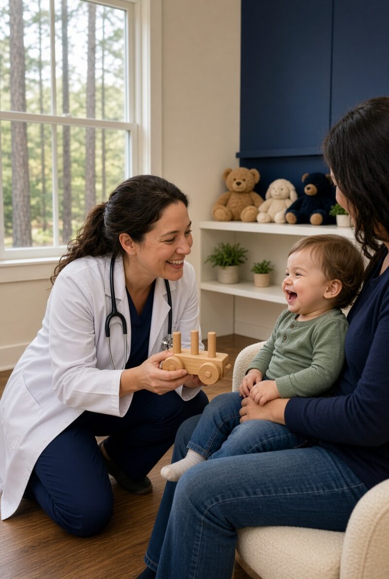 Doctor kneeling with a wooden toy to greet a laughing toddler