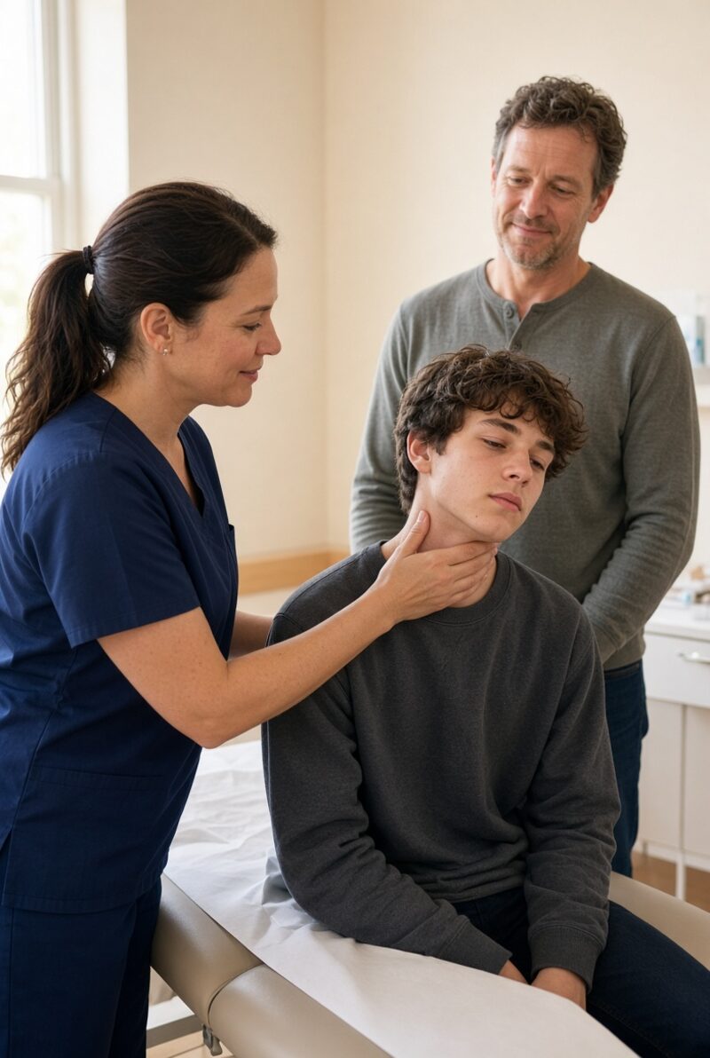 Nurse practitioner examining a teenager while a parent stands nearby
