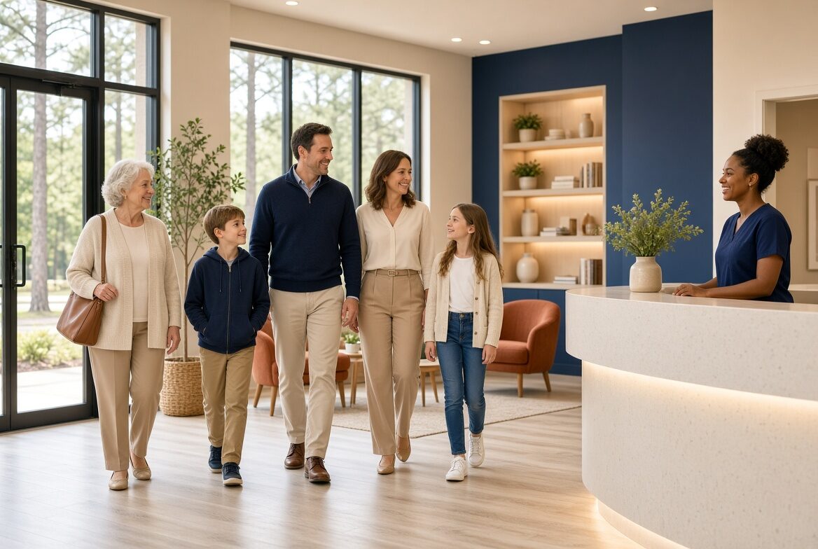 Three generations walking into a clinic reception