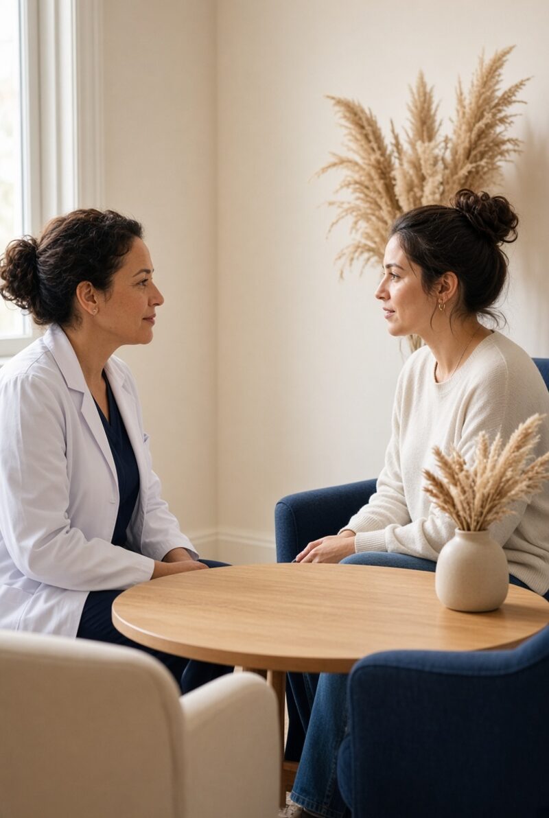 Physician in conversation with a woman during a private consult